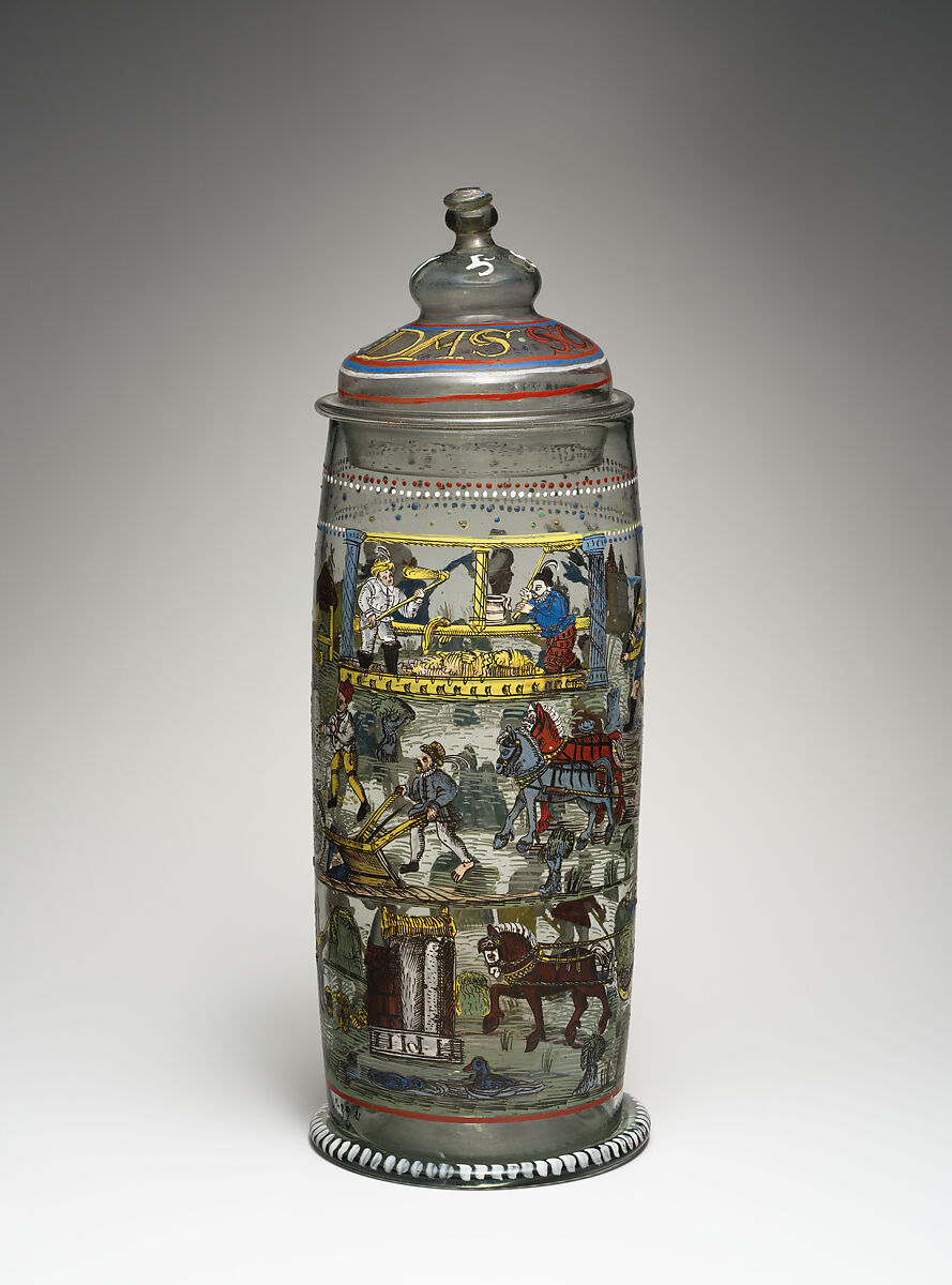 Beaker with cover, Glass, enamel, German
