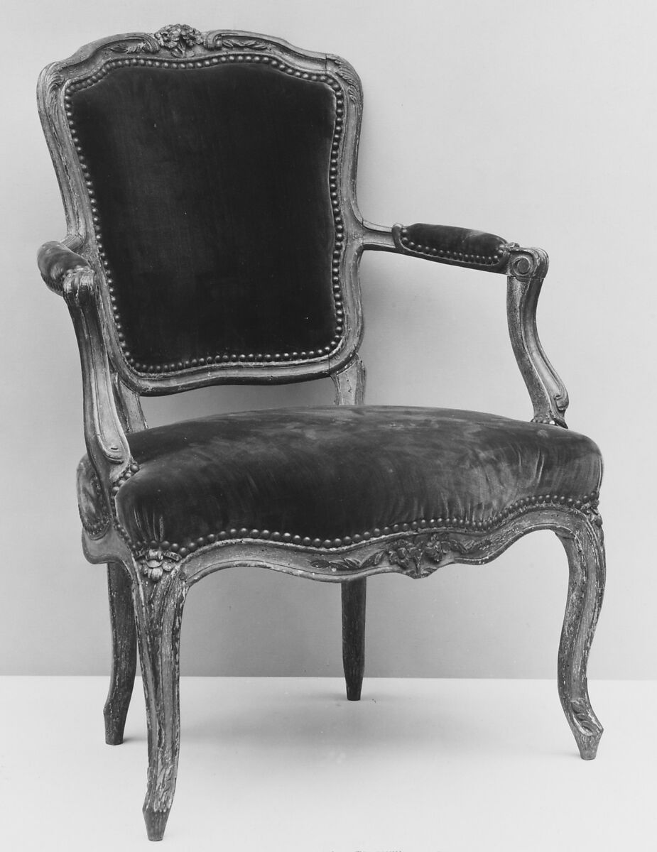 Armchair, Carved and painted fruitwood; velvet upholstery, French 