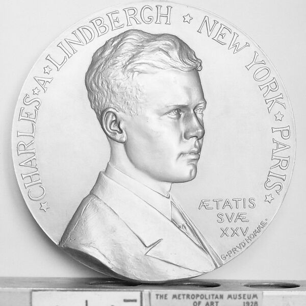 Col. Charles Augustus Lindbergh, Commemorating his New York to Paris Flight, May 20–21, 1927, Medalist: Georges-Henri Prud&#39;homme (French, Cap Breton, Landes 1873–1947 Paris), Bronze, struck, dull gold patina, French 