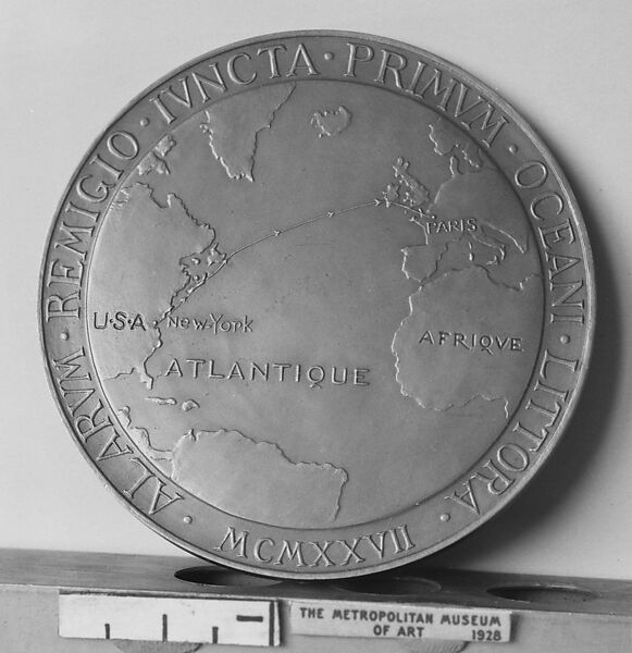 Col. Charles Augustus Lindbergh, Commemorating his New York to Paris Flight, May 20–21, 1927, Medalist: Georges-Henri Prud'homme (French, Cap Breton, Landes 1873–1947 Paris), Bronze, struck, dull gold patina, French