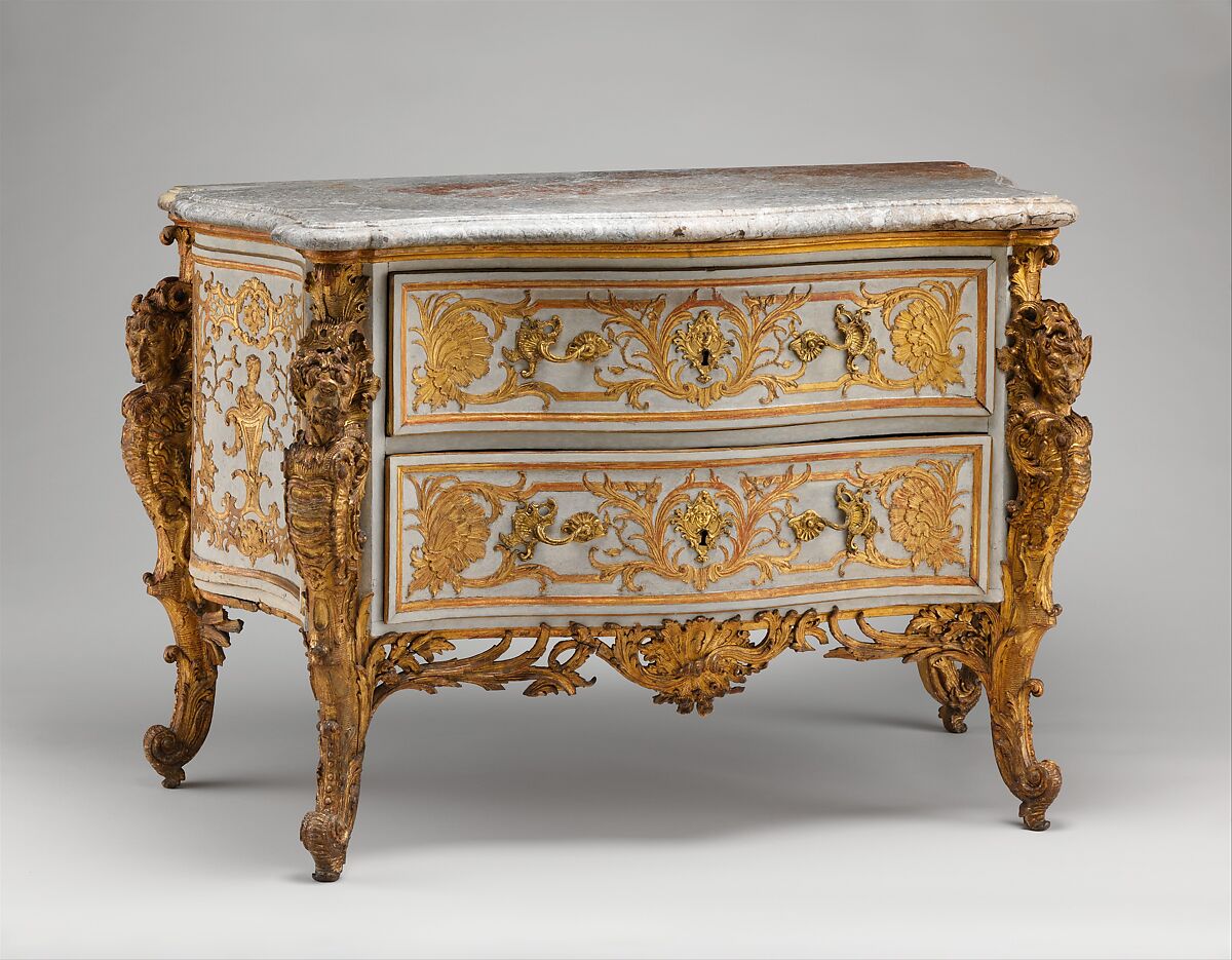 Commode, Design attributed to Jean François Cuvilliés the Elder (German (born Belgian), Soignies 1695–1768 Munich), Pine and linden wood; carved, partially painted, and gilded gesso, partly incised; Tegernsee limestone top, German, Munich 