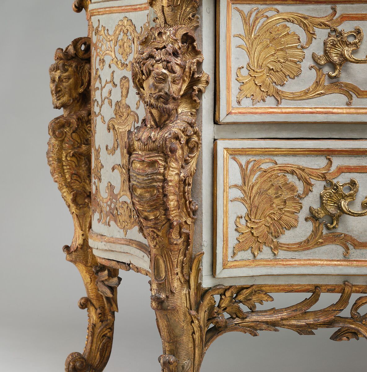 Commode, Design attributed to Jean François Cuvilliés the Elder (German (born Belgian), Soignies 1695–1768 Munich), Pine and linden wood; carved, partially painted, and gilded gesso, partly incised; Tegernsee limestone top, German, Munich