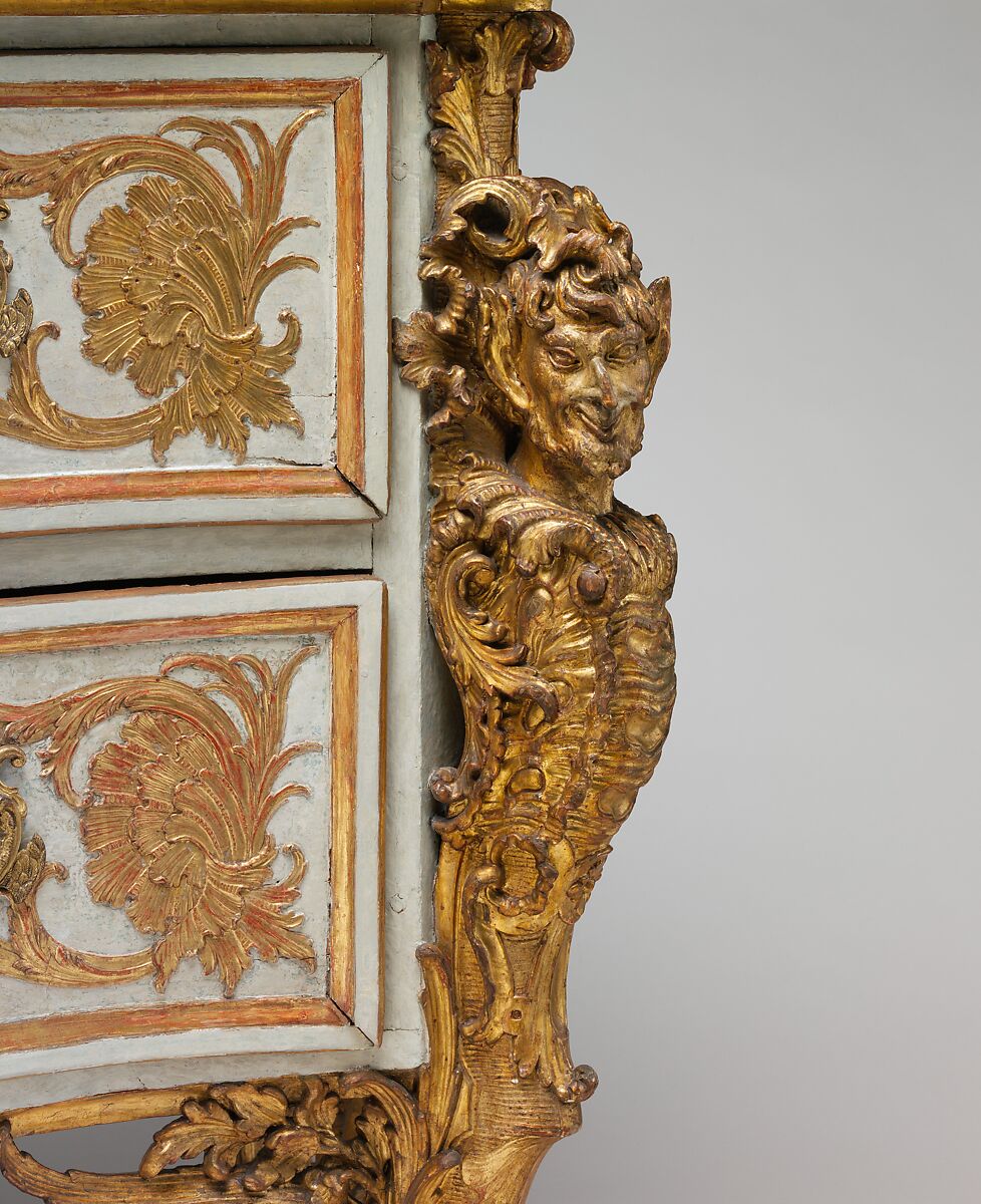 Commode, Design attributed to Jean François Cuvilliés the Elder (German (born Belgian), Soignies 1695–1768 Munich), Pine and linden wood; carved, partially painted, and gilded gesso, partly incised; Tegernsee limestone top, German, Munich
