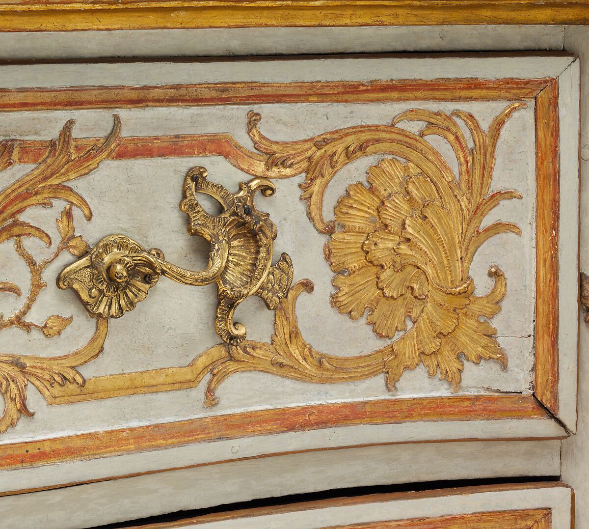 Commode, Design attributed to Jean François Cuvilliés the Elder (German (born Belgian), Soignies 1695–1768 Munich), Pine and linden wood; carved, partially painted, and gilded gesso, partly incised; Tegernsee limestone top, German, Munich