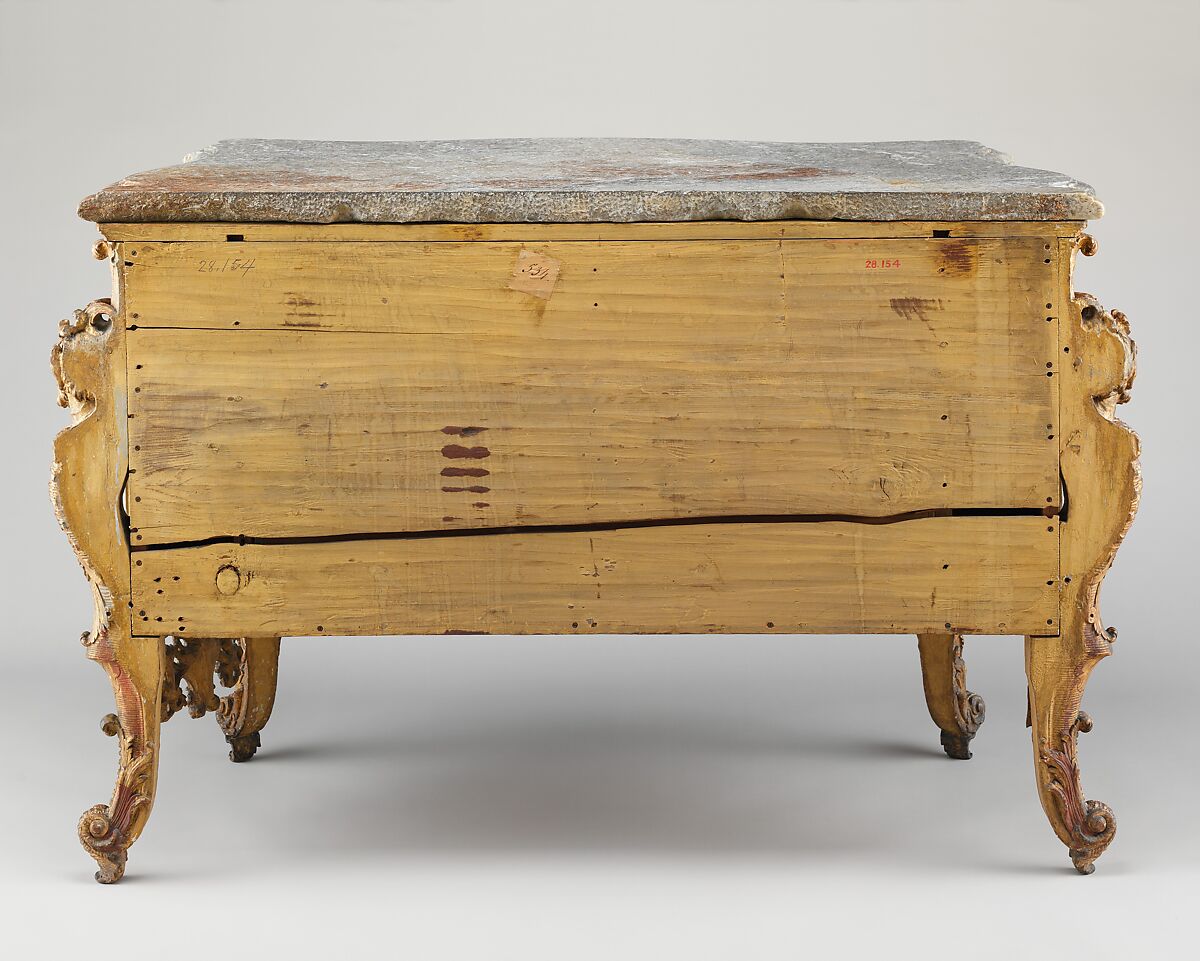 Commode, Design attributed to Jean François Cuvilliés the Elder (German (born Belgian), Soignies 1695–1768 Munich), Pine and linden wood; carved, partially painted, and gilded gesso, partly incised; Tegernsee limestone top, German, Munich