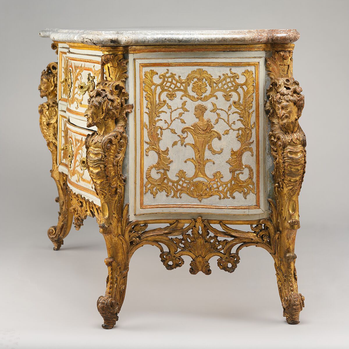 Commode, Design attributed to Jean François Cuvilliés the Elder (German (born Belgian), Soignies 1695–1768 Munich), Pine and linden wood; carved, partially painted, and gilded gesso, partly incised; Tegernsee limestone top, German, Munich