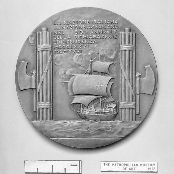 Souvenir of dedication of Fountain of the Sea Horses, given by the Italian government to the American nation on the 150th anniversary of American Independence, Medalist: Ulderico Conti, Bronze, Italian