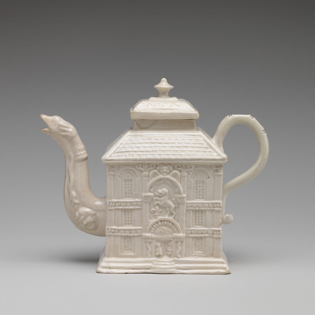 Teapot in the form of a house, Salt-glazed stoneware, probably British, Staffordshire 