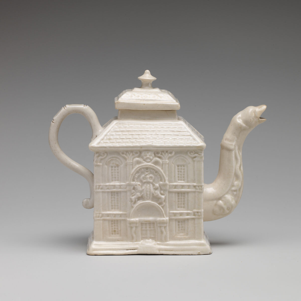 Teapot in the form of a house, Salt-glazed stoneware, probably British, Staffordshire