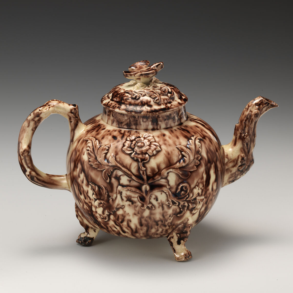 Footed teapot, Style of Whieldon type, Tortoiseshell ware (glazed earthenware), probably British, Staffordshire