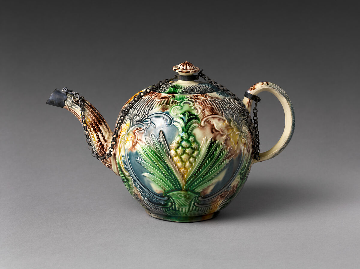Teapot with relief decoration, Style of Whieldon type, Earthenware with molded decoration painted with metal oxides under transparent glaze, probably British, Staffordshire 