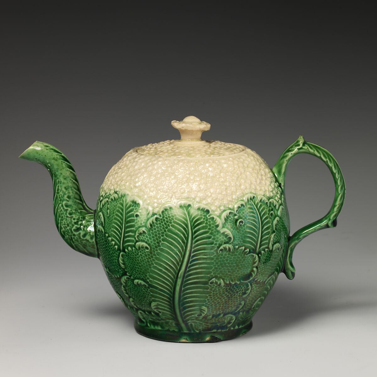 Teapot in the form of a cauliflower, Lead-glazed earthenware, British 