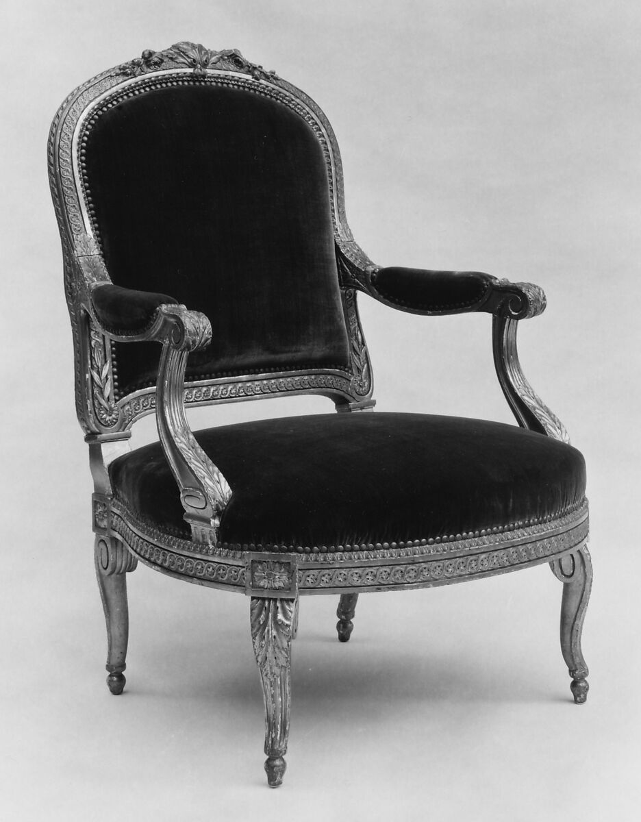 Armchair, Georges Jacob (French, Cheny 1739–1814 Paris), Carved and gilded walnut, gold and blue lampas, French, Paris