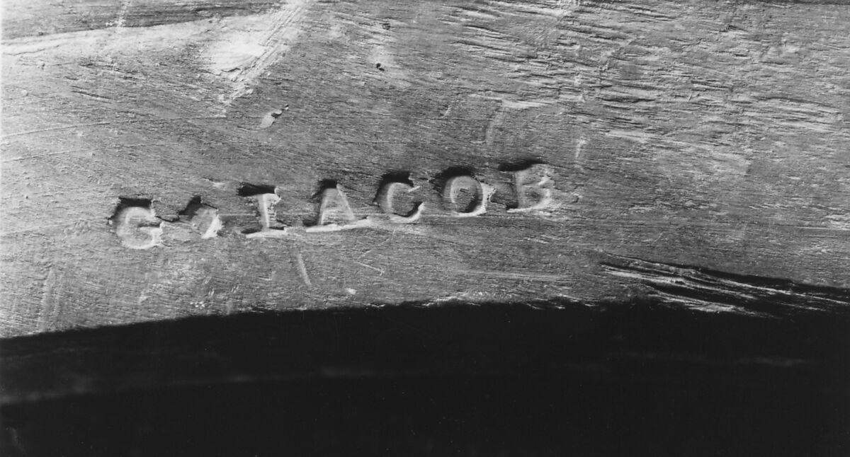 Armchair, Georges Jacob (French, Cheny 1739–1814 Paris), Carved and gilded walnut, gold and blue lampas, French, Paris