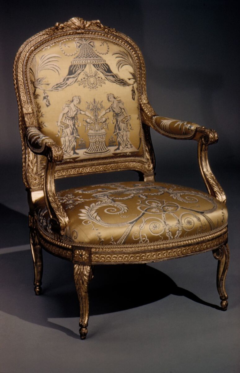 Armchair, Georges Jacob (French, Cheny 1739–1814 Paris), Carved and gilded walnut, gold and blue lampas, French, Paris 
