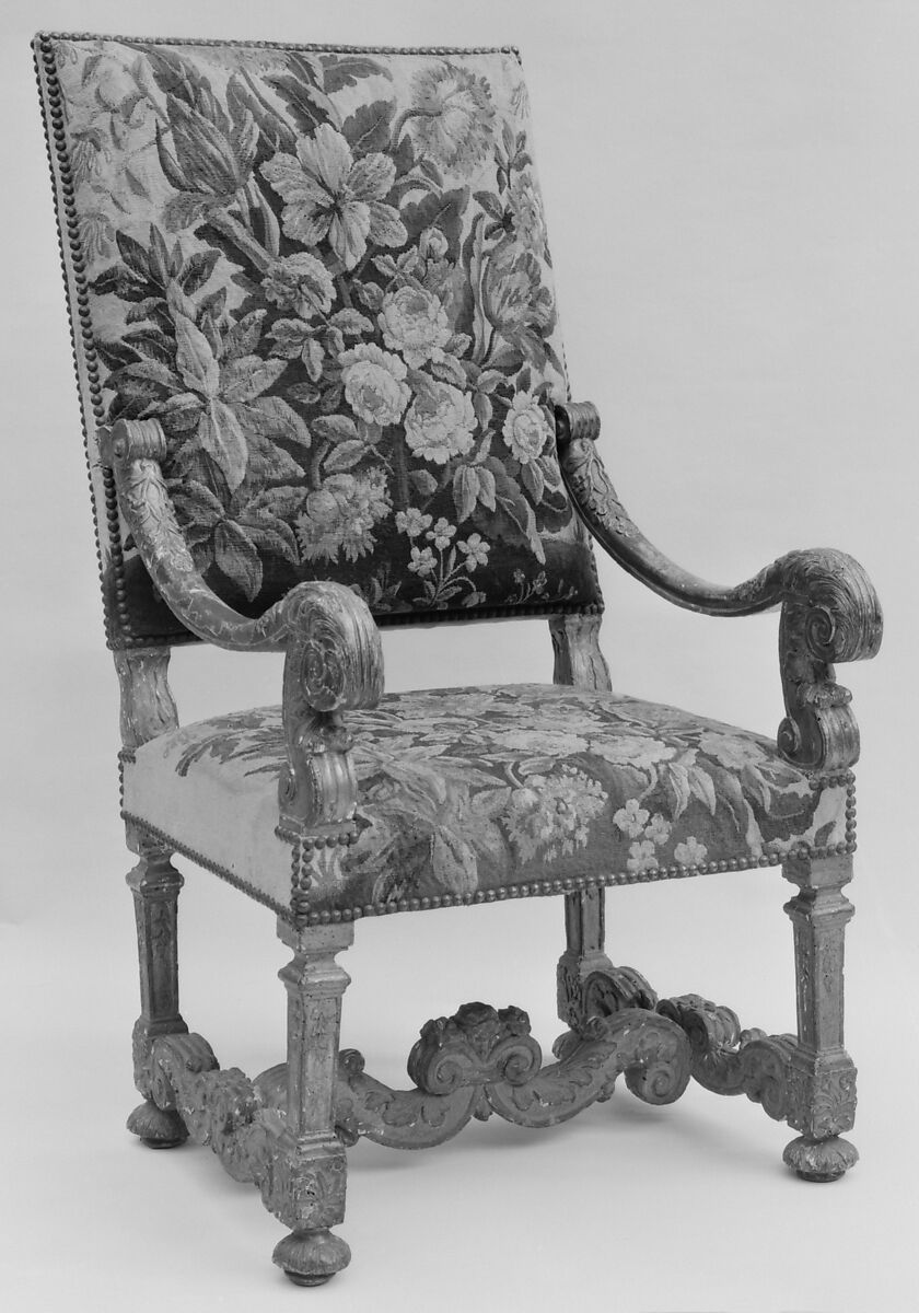 Armchair, Carved and gilded wood; wool and silk Aubusson tapestry covers, French 