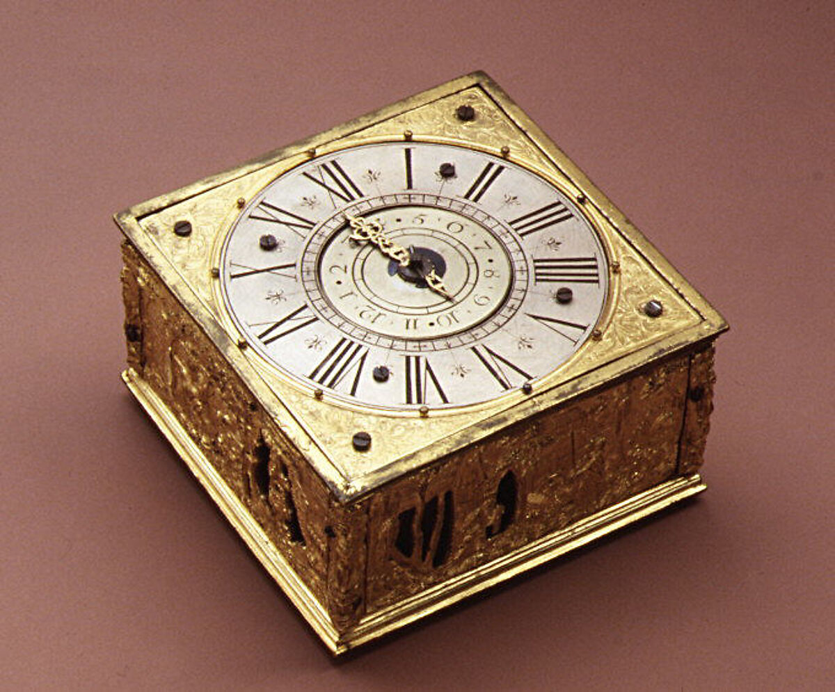 Table clock, Johann Reinhold the Elder (ca. 1550–1596), Case: gilt brass; movement: iron, German, Augsburg 