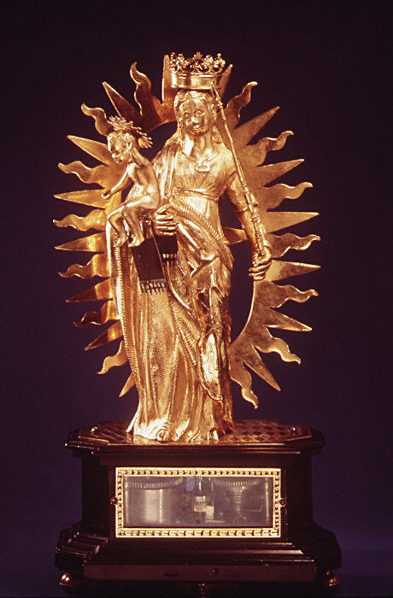 Automaton clock in the form of the Madonna and Child, Clockmaker: Nikolaus Schmidt the Elder (German, ca. 1550–1630), Case: gilded brass, silver, and ebony veneered on oak; Movement: brass and iron, German, Augsburg 