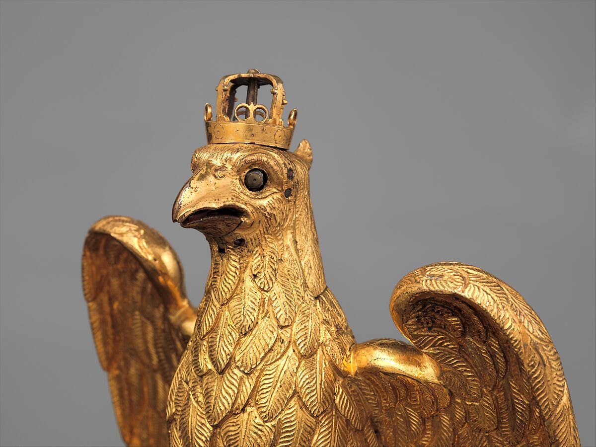 Automaton clock in the form of an eagle, Case: gilded brass on base of ebony and ebony veneered on fruitwood; Movement: brass and iron, German, Augsburg