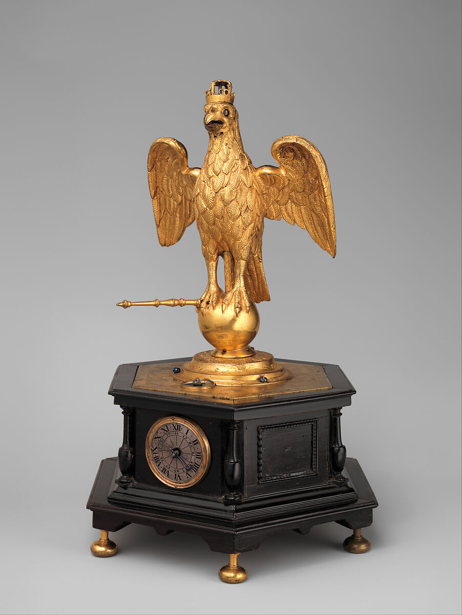 Automaton clock in the form of an eagle, Case: gilded brass on base of ebony and ebony veneered on fruitwood; Movement: brass and iron, German, Augsburg