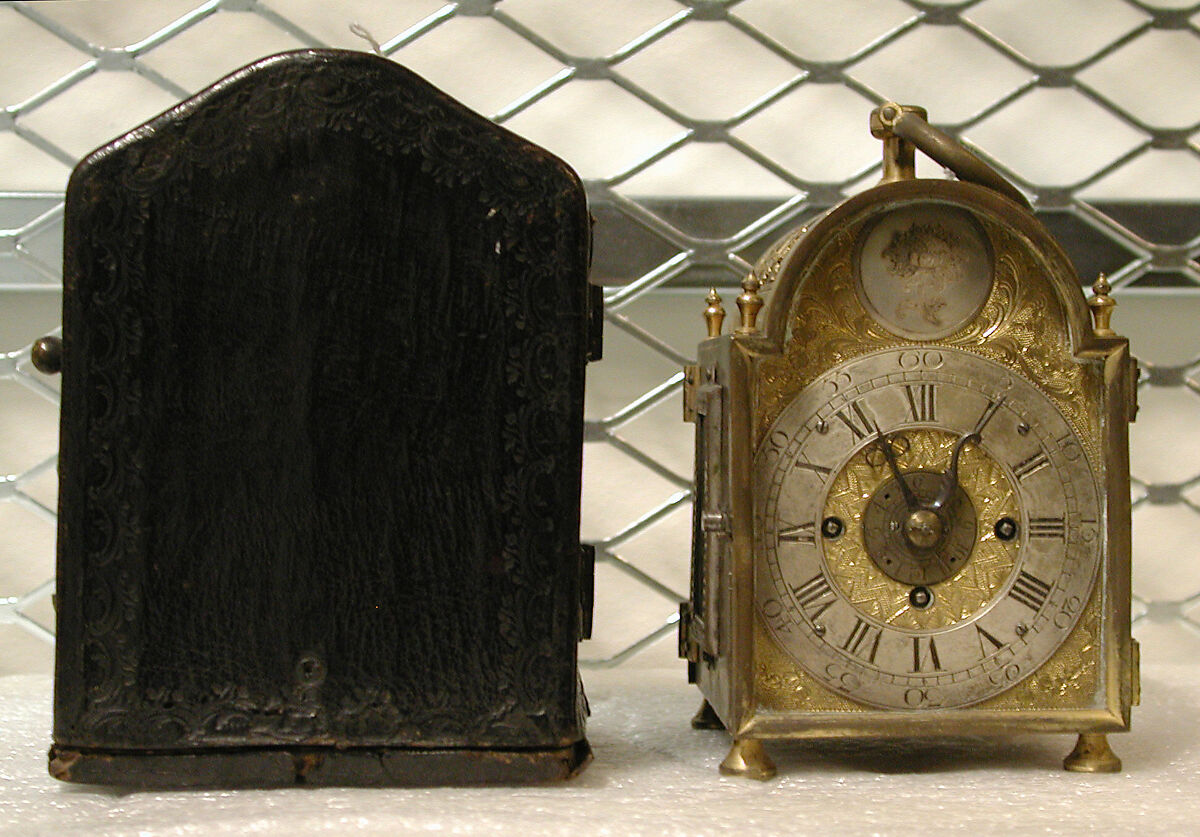 Traveling clock and case, Brass, silver-plate, glass; leather, French 