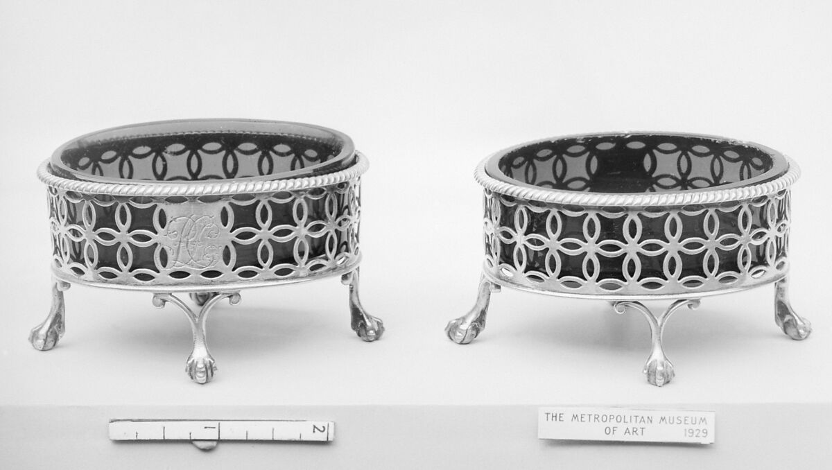 Pair of saltcellars, Edward Lowe (active 1769–78), Silver, glass, British, London 