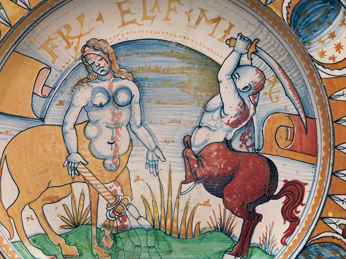 Dish with centaur and centauress battling, Maiolica (tin-glazed earthenware), lustered, Italian, Deruta or Gubbio