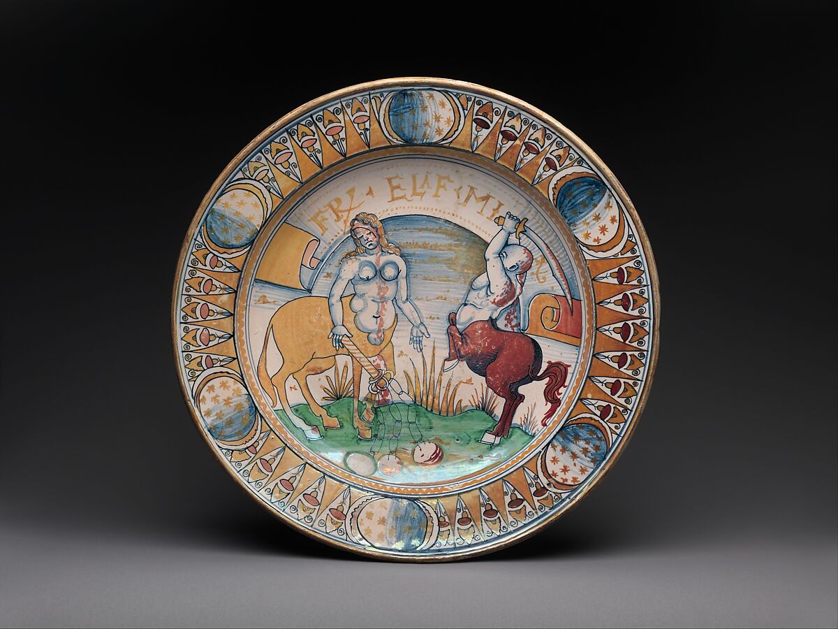 Dish with centaur and centauress battling, Maiolica (tin-glazed earthenware), lustered, Italian, Deruta or Gubbio 