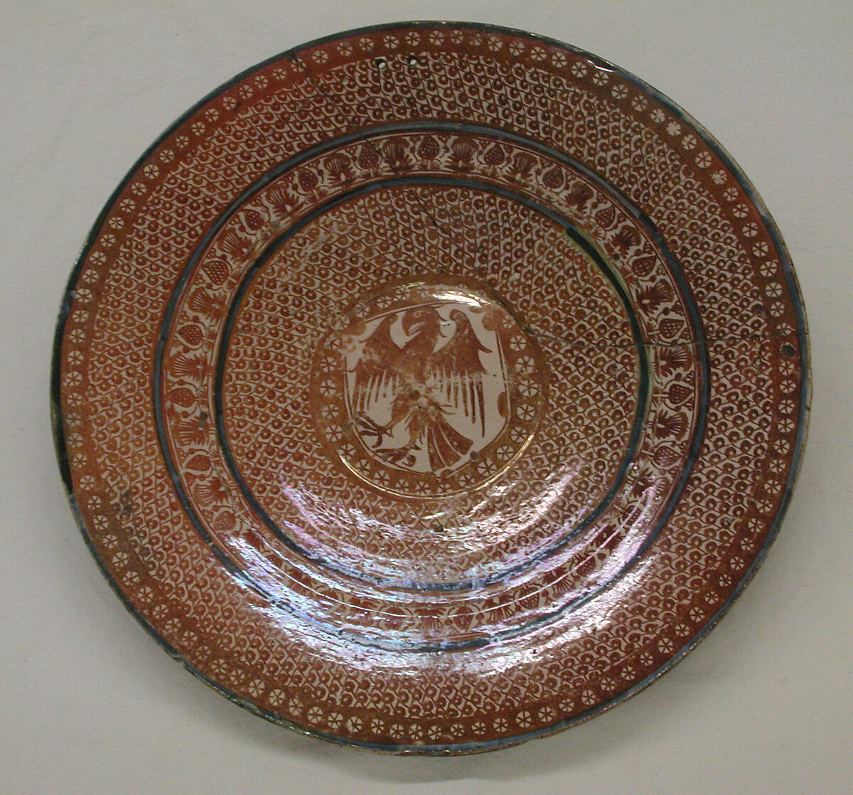 Dish, Tin-glazed and luster-painted earthenware, Spanish, Valencia 