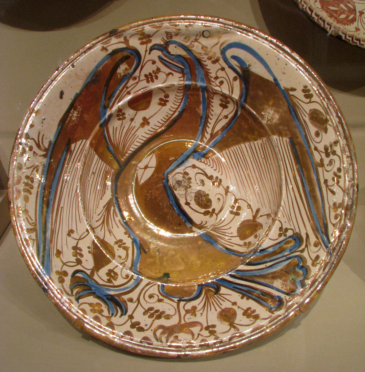 Dish, Tin-glazed and luster-painted earthenware, Spanish, Valencia 