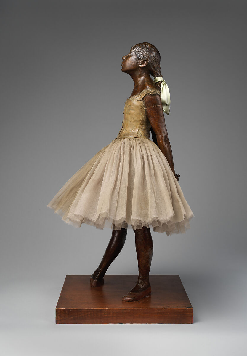 The Little Fourteen-Year-Old Dancer, Edgar Degas (French, Paris 1834–1917 Paris), Partially tinted bronze, cotton tarlatan, silk satin, and wood, French, Paris
