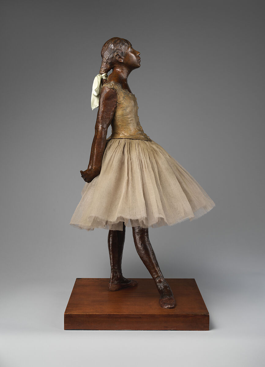 The Little Fourteen-Year-Old Dancer, Edgar Degas (French, Paris 1834–1917 Paris), Partially tinted bronze, cotton tarlatan, silk satin, and wood, French, Paris