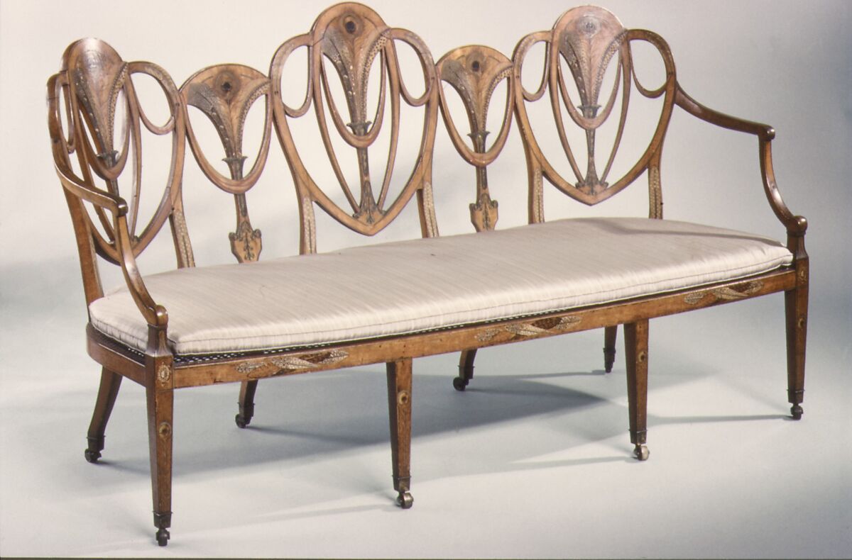 Triple-back chair settee, West Indian satinwood, British 