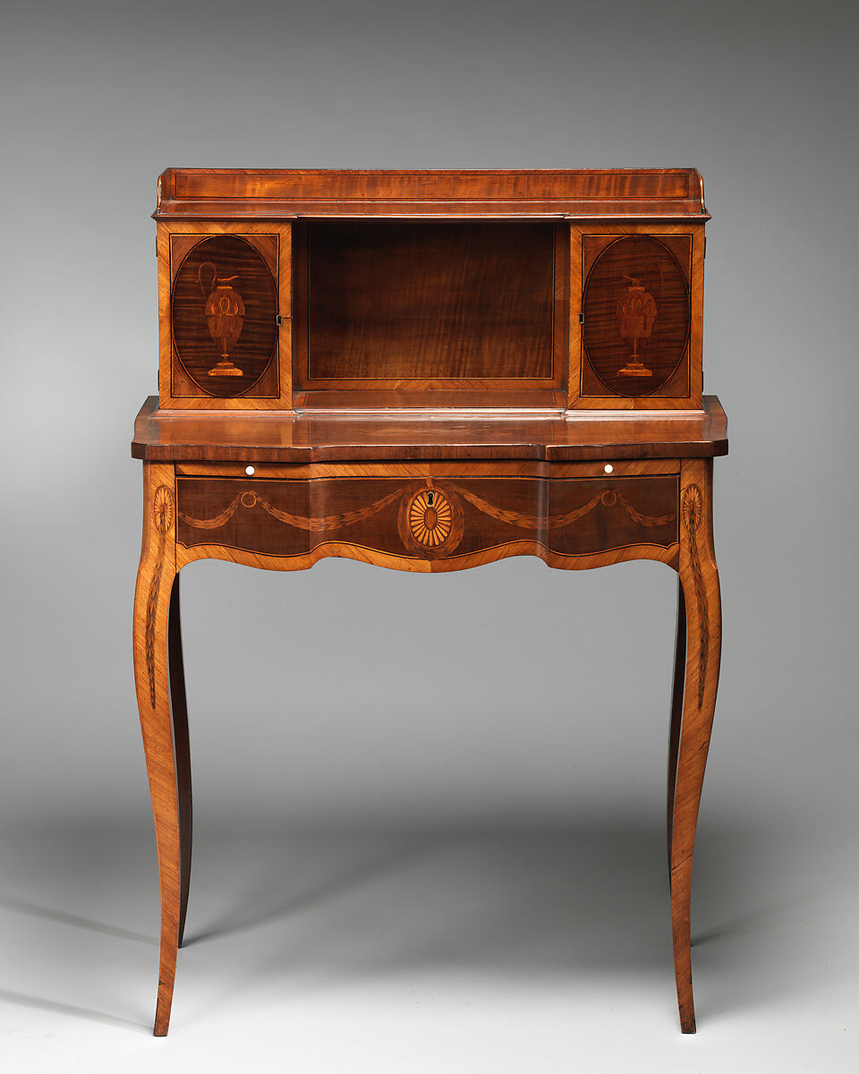 Desk (bonheur du jour), Probably Thomas Chippendale (British, baptised Otley, West Yorkshire 1718–1779 London), Harewood, rosewood, ebony, boxwood, satiné, purple-heart, mahogany, British