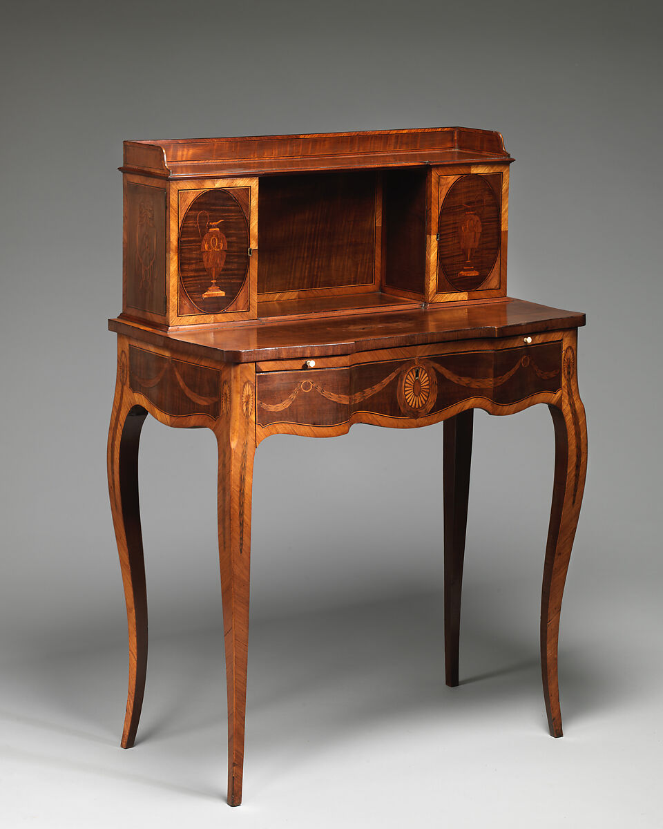 Desk (bonheur du jour), Probably Thomas Chippendale (British, baptised Otley, West Yorkshire 1718–1779 London), Harewood, rosewood, ebony, boxwood, satiné, purple-heart, mahogany, British 