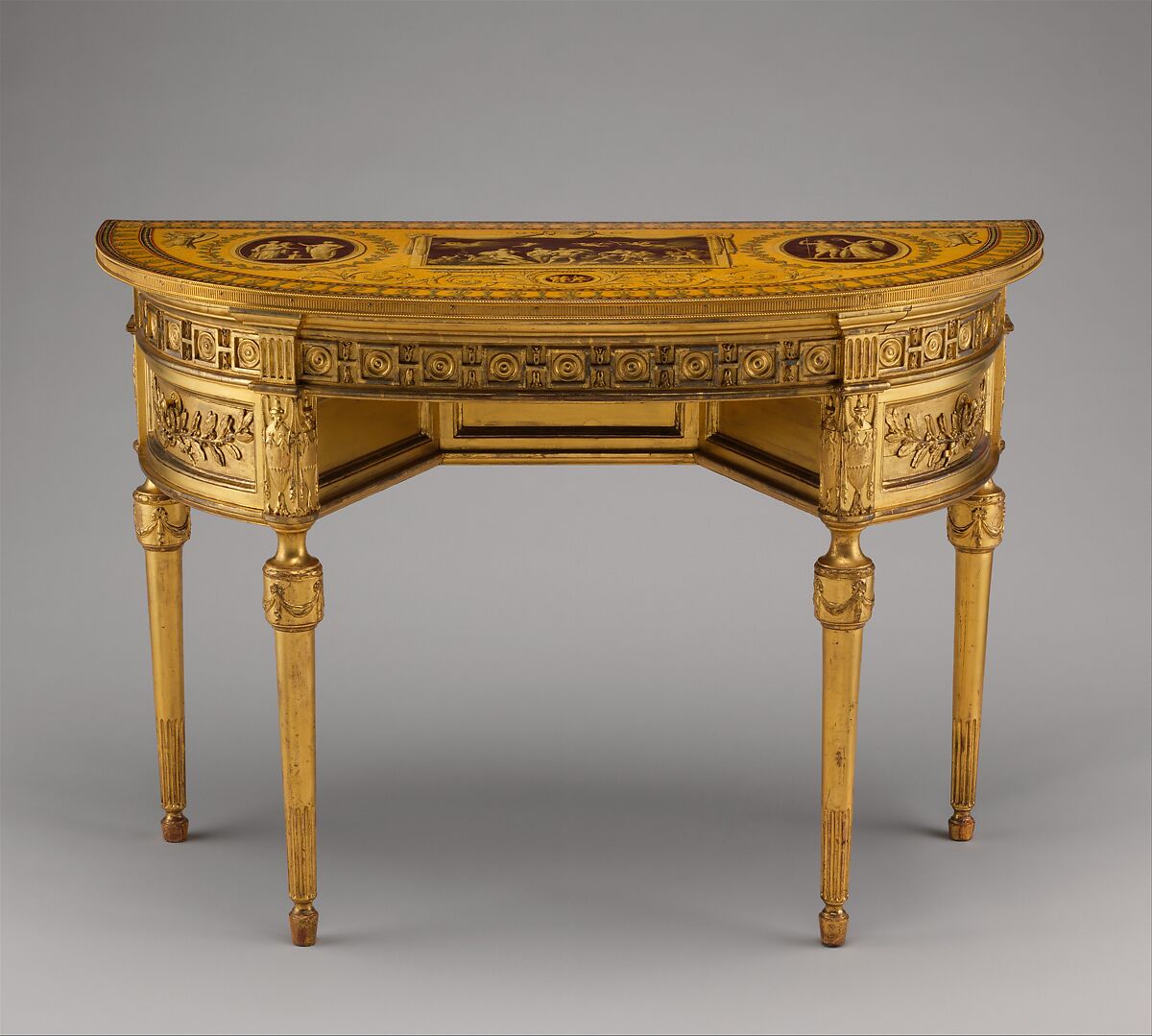 Side table, Probably after a design by John Yenn (British, London (?) 1750–1821 London), Carved, painted and gilded pine and mahogany; gilt bronze and gilt copper, British 