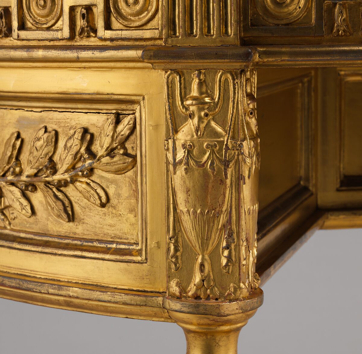 Side table, Probably after a design by John Yenn (British, London (?) 1750–1821 London), Carved, painted and gilded pine and mahogany; gilt bronze and gilt copper, British