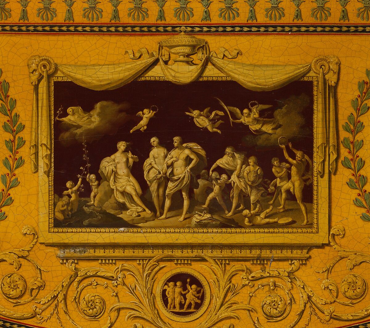 Side table, Probably after a design by John Yenn (British, London (?) 1750–1821 London), Carved, painted and gilded pine and mahogany; gilt bronze and gilt copper, British