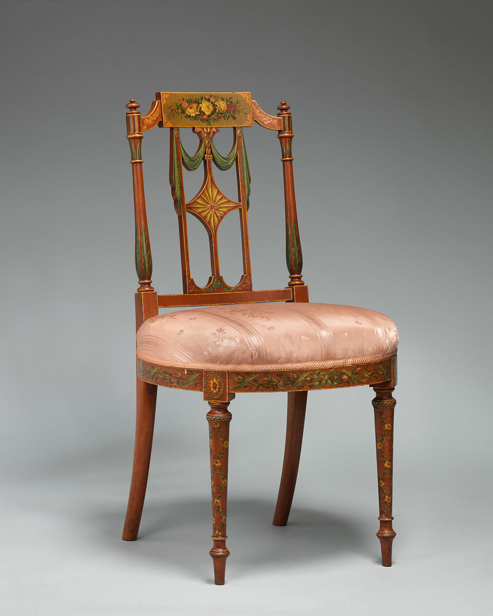 Side chair (one of a pair), West Indian satinwood, beech, birch, modern silk, British 