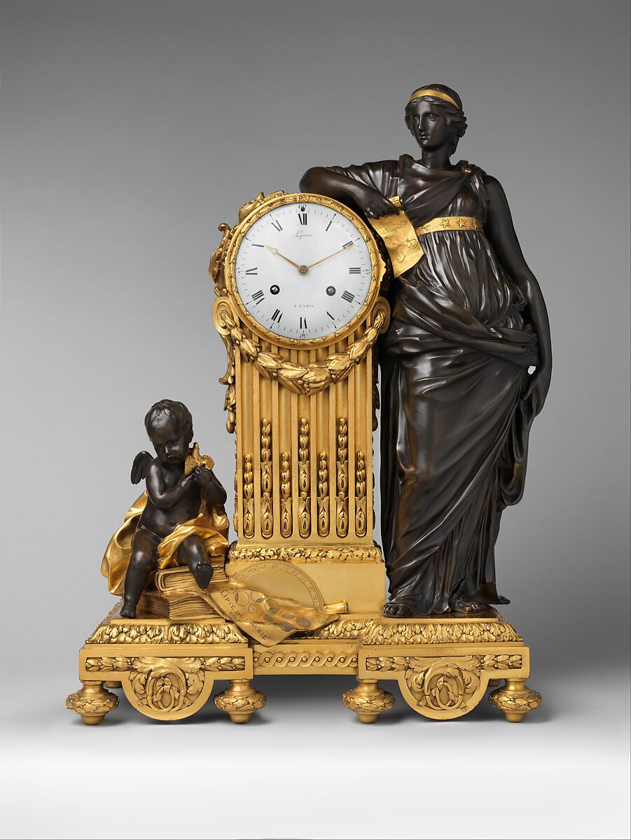 Mantel clock ("Pendule Uranie"), Clockmaker: Jean-André Lepaute (French, 1720–1789), Case: patinated bronze and gilded bronze; Dial: white enamel; Movement: brass and steel, French, Paris 