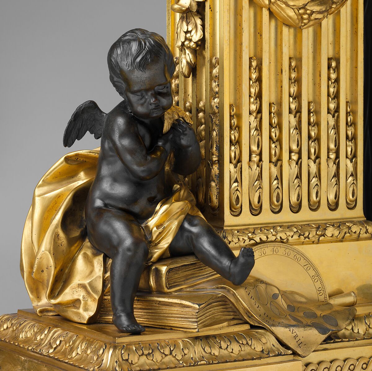 Mantel clock ("Pendule Uranie"), Clockmaker: Jean-André Lepaute (French, 1720–1789), Case: patinated bronze and gilded bronze; Dial: white enamel; Movement: brass and steel, French, Paris