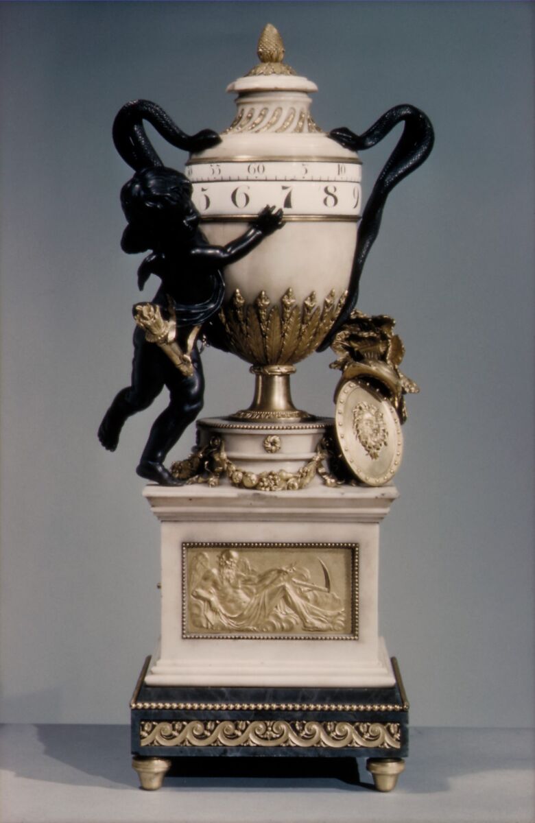 Clock, Clockmaker: workshop of Jean-Baptiste Lepaute (French, 1727–1802), Marble, bronze and gilt-bronze; chapter rings of white enamel; movement of brass and steel, French, Paris 