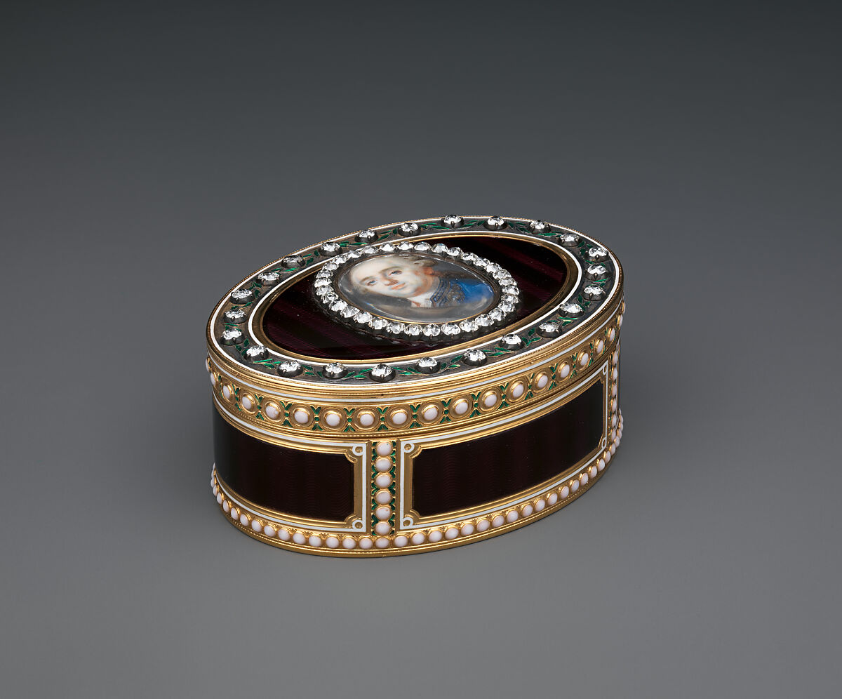Snuffbox with portrait of Louis XVI (1754–1793), King of France, Joseph Etienne Blerzy (French, active 1750–1806), Gold, enamel, diamonds; ivory, glass, French, Paris