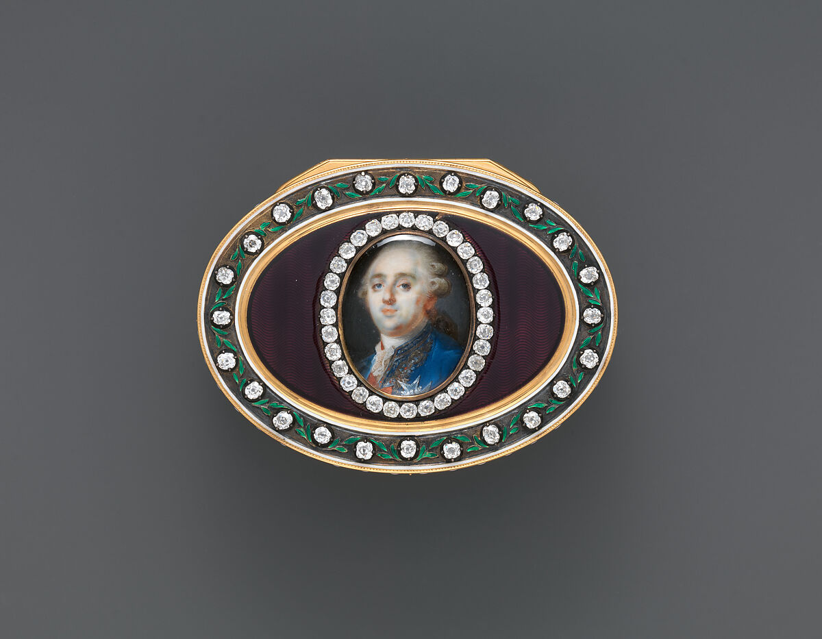 Snuffbox with portrait of Louis XVI (1754–1793), King of France, Joseph Etienne Blerzy (French, active 1750–1806), Gold, enamel, diamonds; ivory, glass, French, Paris