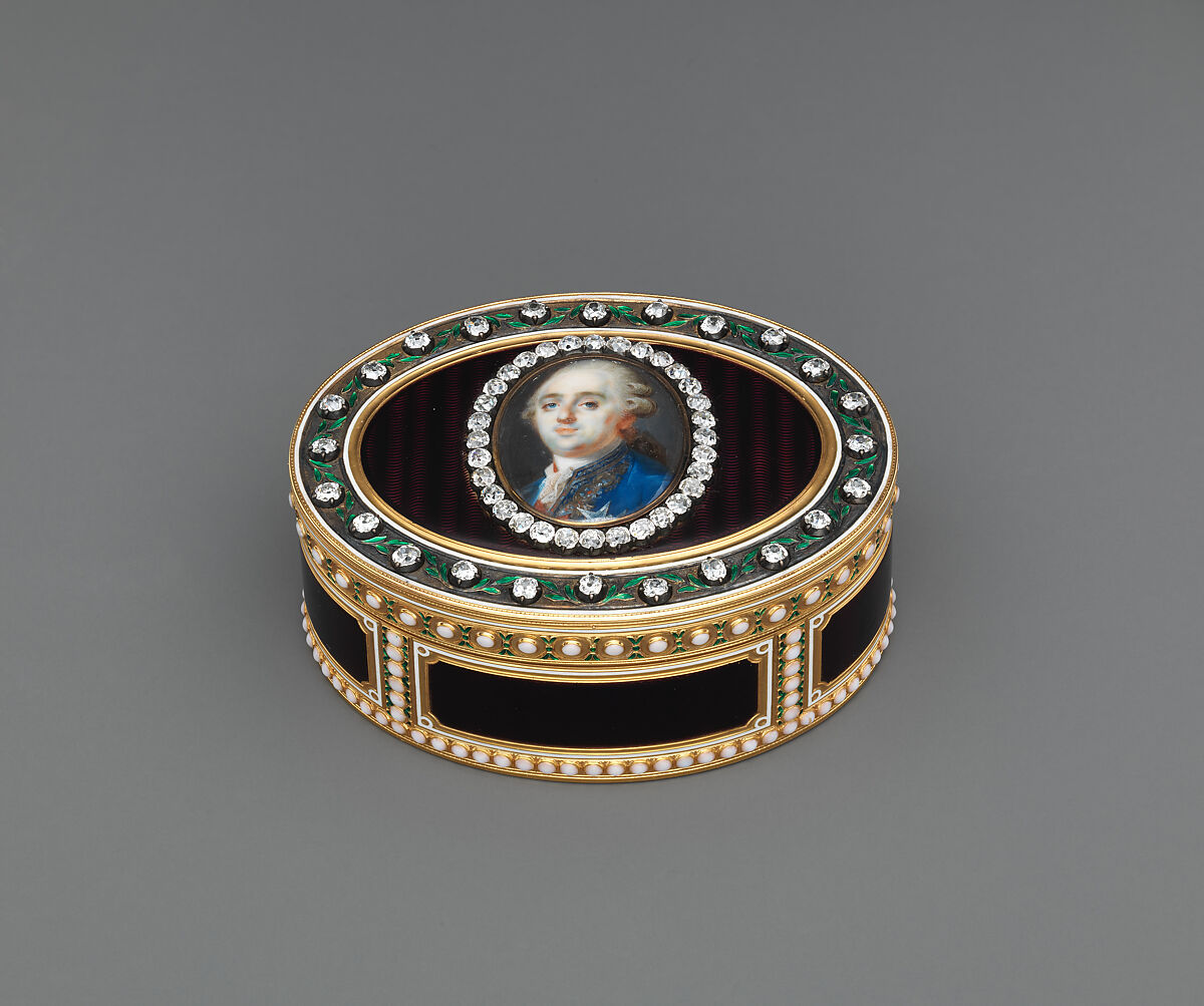 Snuffbox with portrait of Louis XVI (1754–1793), King of France, Joseph Etienne Blerzy (French, active 1750–1806), Gold, enamel, diamonds; ivory, glass, French, Paris 