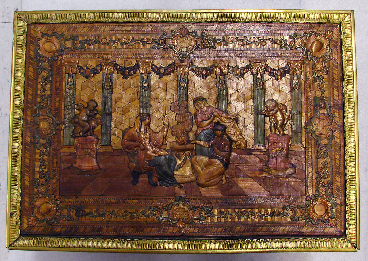 Toilet box, Profile head of Napoleon after an original by Jean-Pierre Droz (French, La Chaux-de-Fonds, Neuchâtel 1746–1823 Paris), Straw on wood, gilt bronze, French