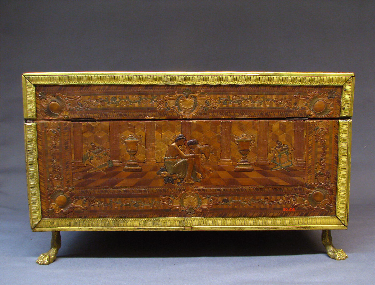 Toilet box, Profile head of Napoleon after an original by Jean-Pierre Droz (French, La Chaux-de-Fonds, Neuchâtel 1746–1823 Paris), Straw on wood, gilt bronze, French