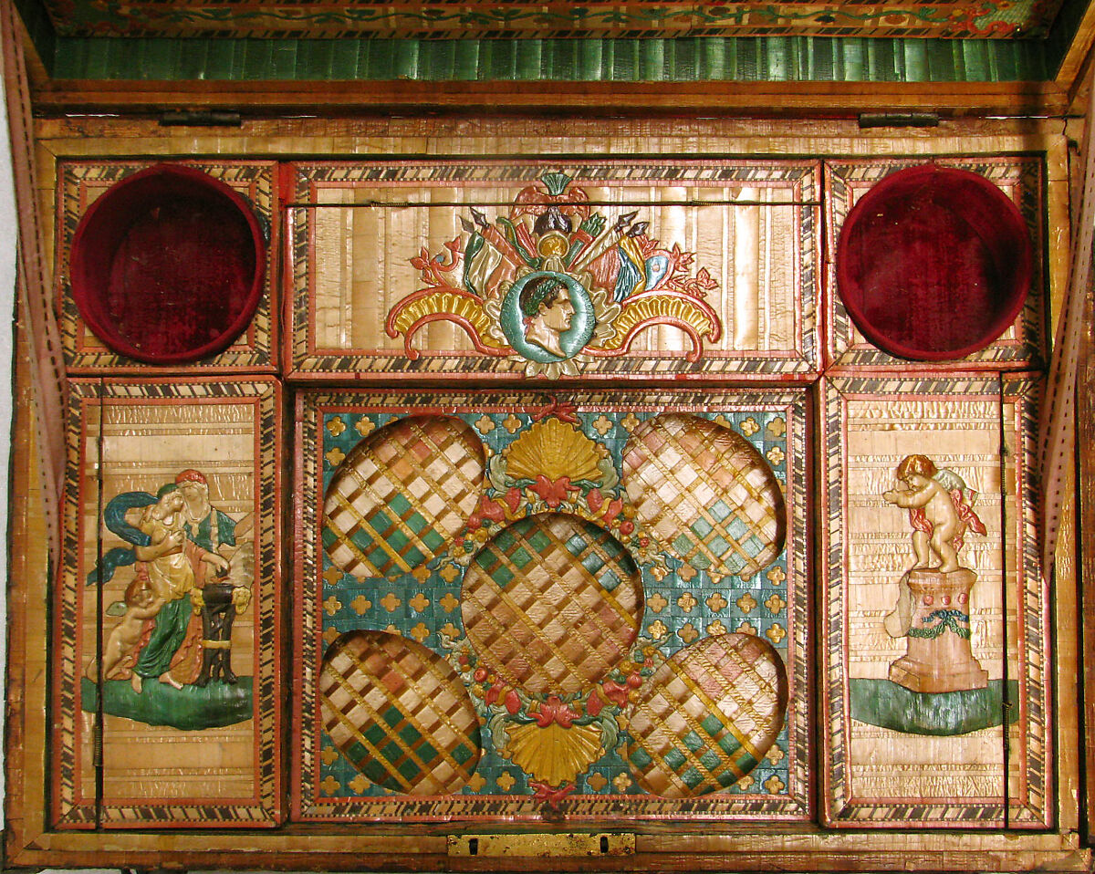 Toilet box, Profile head of Napoleon after an original by Jean-Pierre Droz (French, La Chaux-de-Fonds, Neuchâtel 1746–1823 Paris), Straw on wood, gilt bronze, French