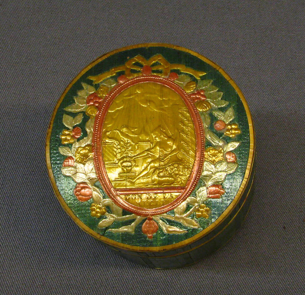 Toilet box, Profile head of Napoleon after an original by Jean-Pierre Droz (French, La Chaux-de-Fonds, Neuchâtel 1746–1823 Paris), Straw on wood, gilt bronze, French