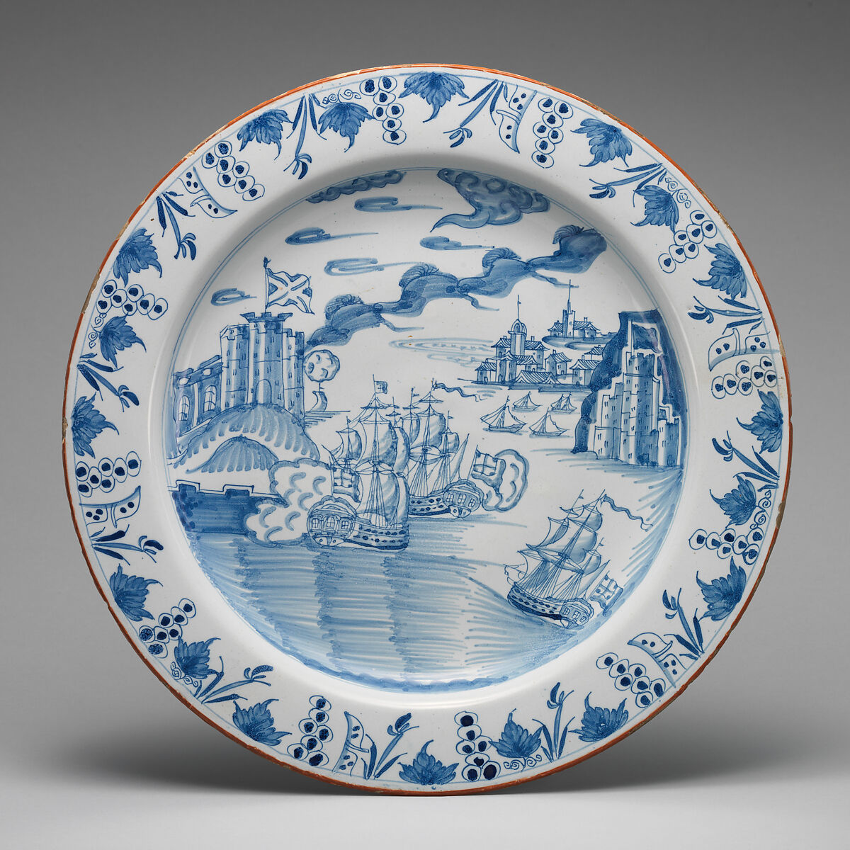 Dish with Capture of Portobello by Admiral Vernon, November 20–21, 1739, Tin-glazed earthenware, British, Bristol 